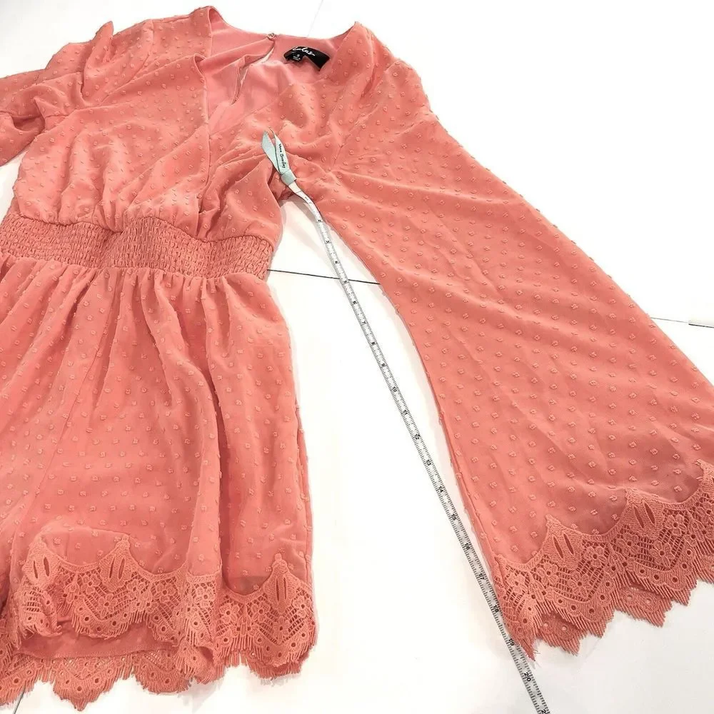 NWT Lulus Meadowlake Coral Orange Swiss Dot Lace Bell‎ Sleeve Romper Size SMALL